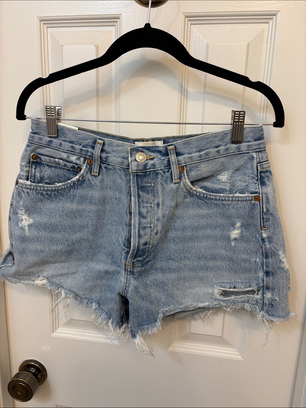 AGOLDE Light Blue Distressed Denim Cutoff Shorts